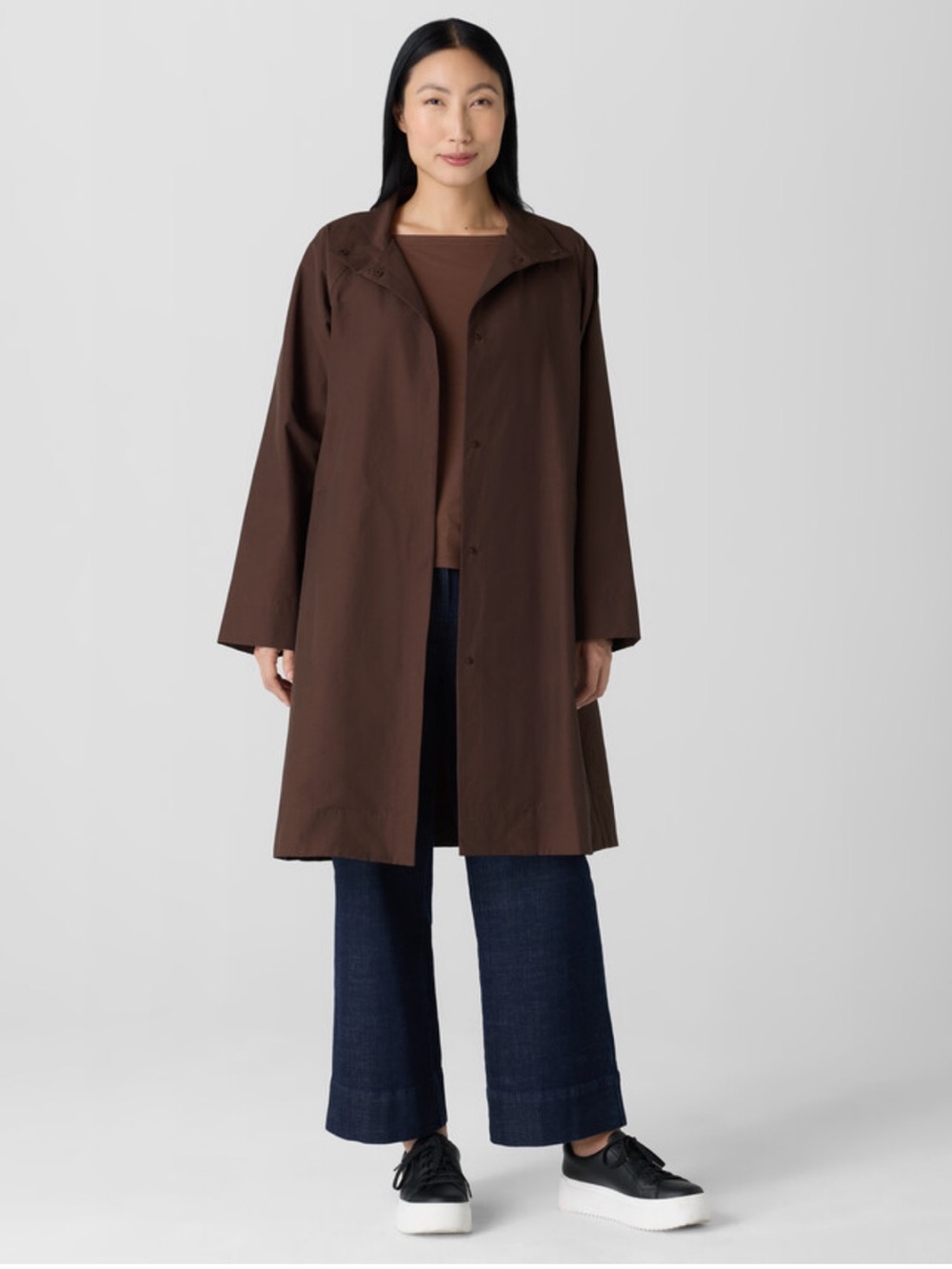EILEEN FISHER Brown Organic Light Cotton Nylon A-Line Coat Stand Collar Size M